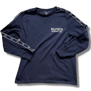 Tommy Hilfiger Navy Long Sleeve Logo Top | 60% Cotton Crewneck Tee